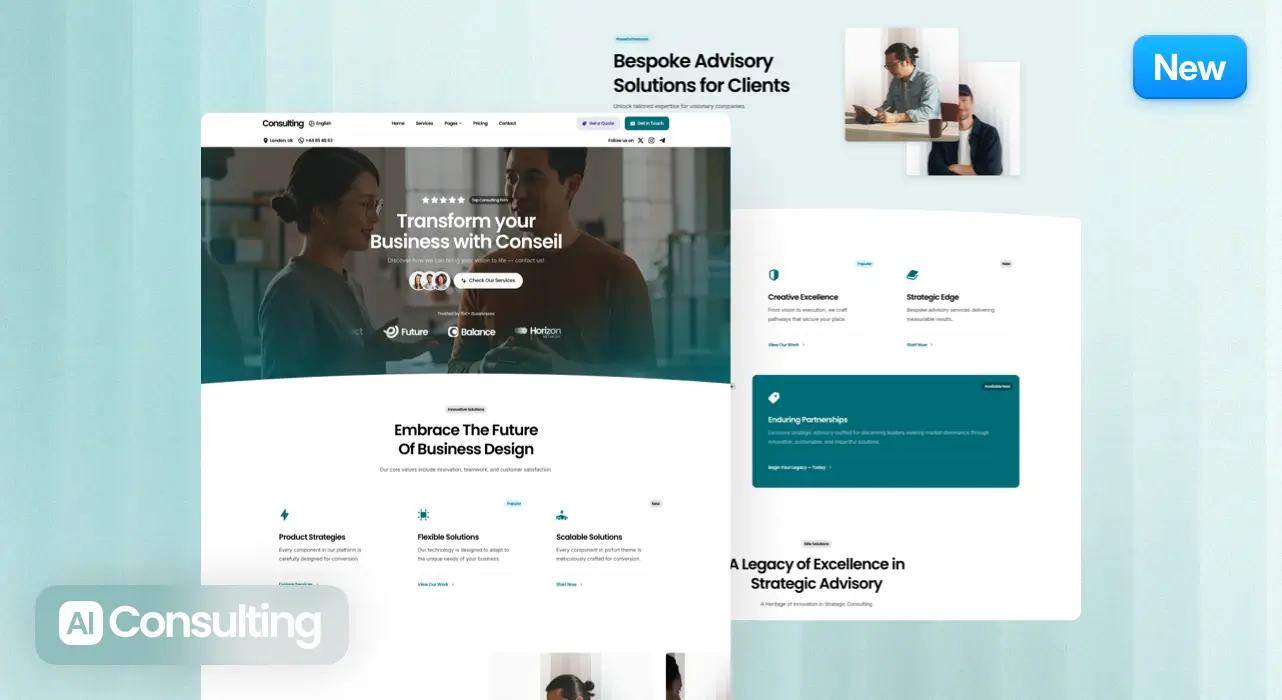 AI Consulting demo homepage and advisory layouts