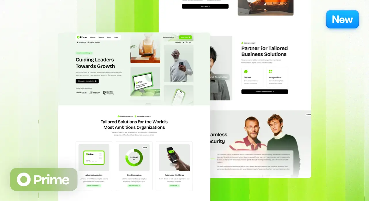 Prime one-page demo with modern green-accented layouts